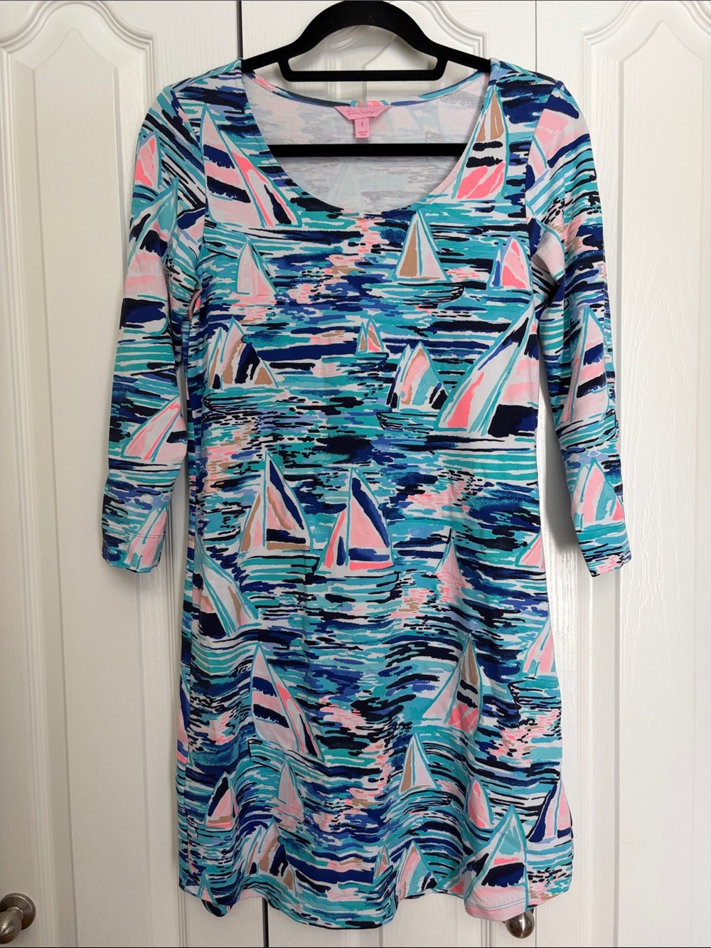 Lilly Pulitzer Tammy Sailboat Scoop Neck 3/4 Sleeve Tunic Dress Pink & Aqua S